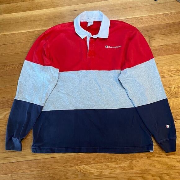 Vintage Champion Reverse Weave Mens XLarge Block Long Sleeve Polo Rugby Shirt - Picture 1 of 10